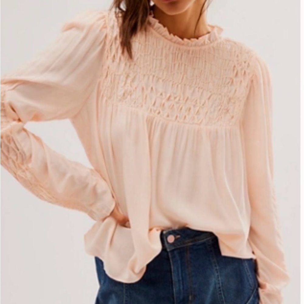 Free People Pale Blush Smocked Yoke Long-Sleeve Blouse